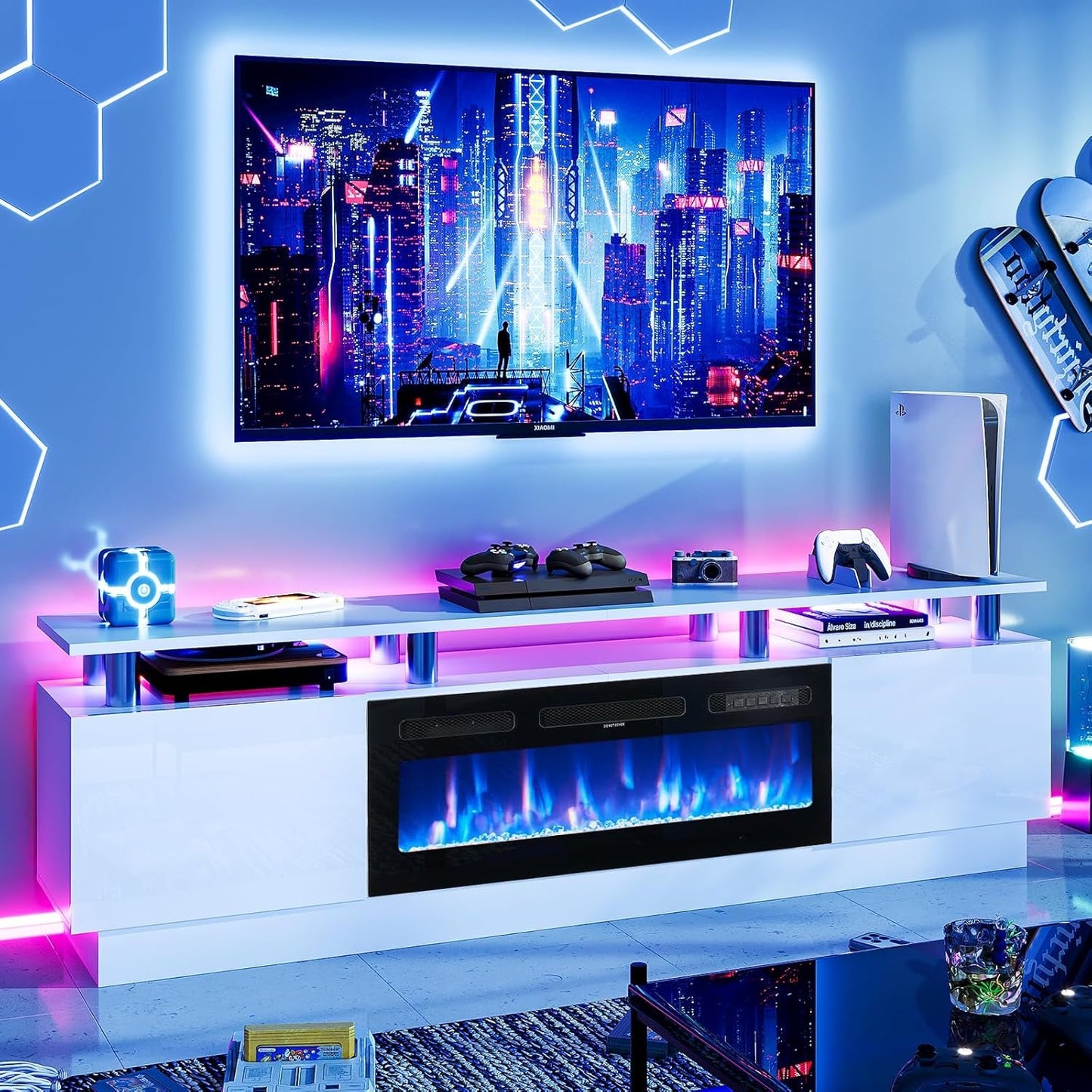 80 Inch White Electric Fireplace TV Stand With LED Lights