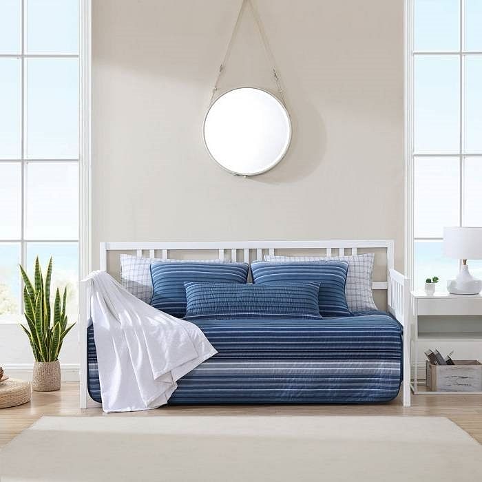 4 Piece Coastal Blue Navy White Stripes Cotton Daybed Cover Bedding
