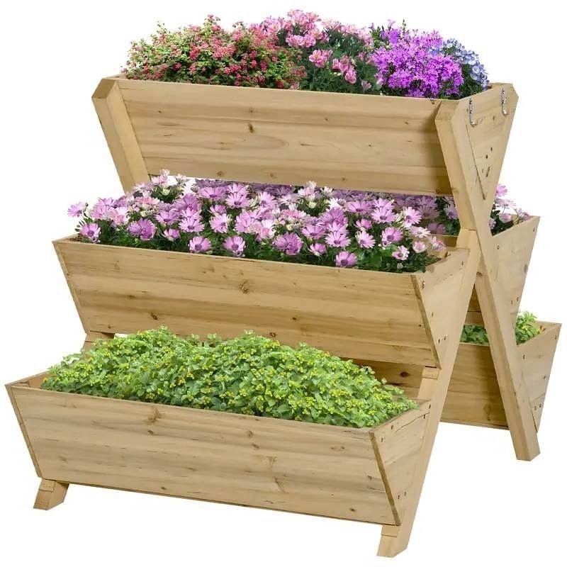 3-Tier Outdoor Fir Wood Elevated Planter Herb Flower Box Raised Garden