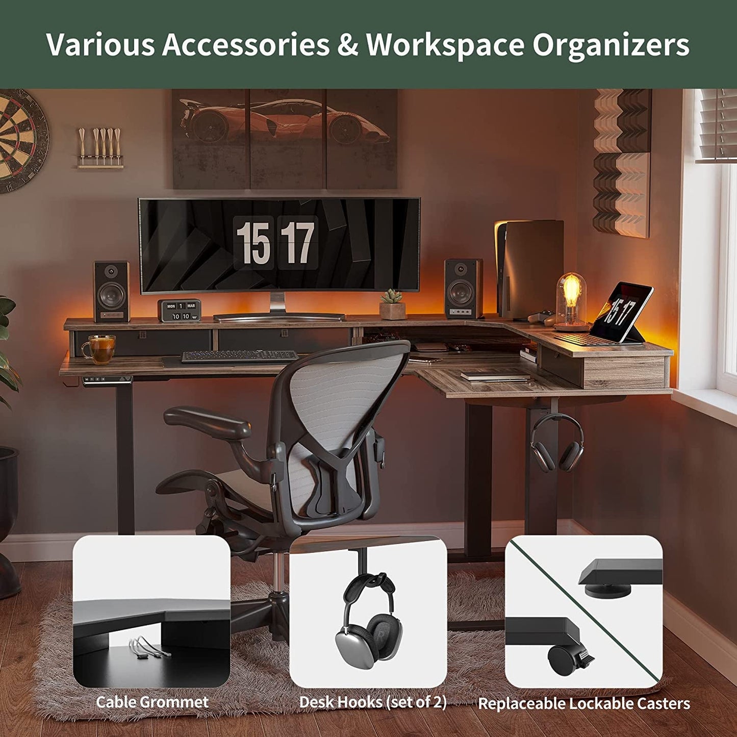 63 Inch L Shaped Electric Standing Desk With Drawers