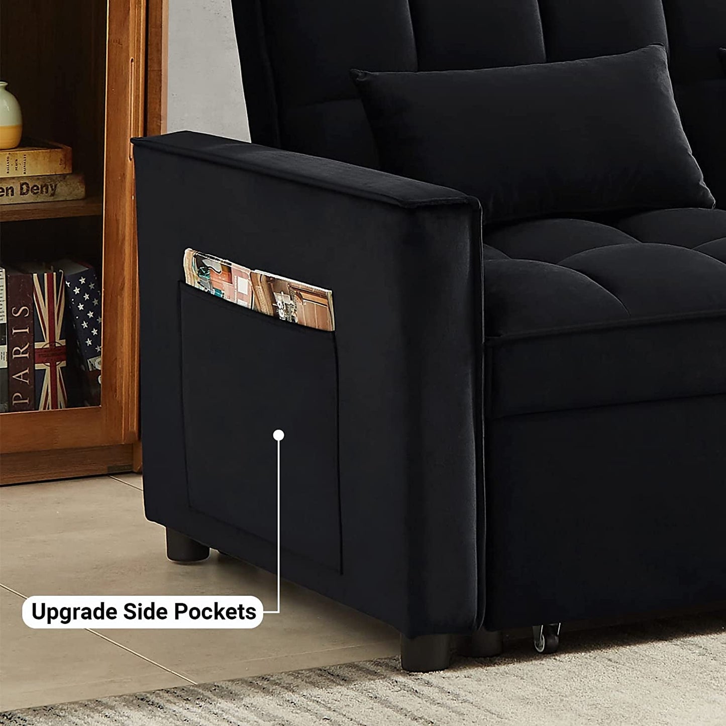 Black Convertible Sofa Bed With Reclining Backrest