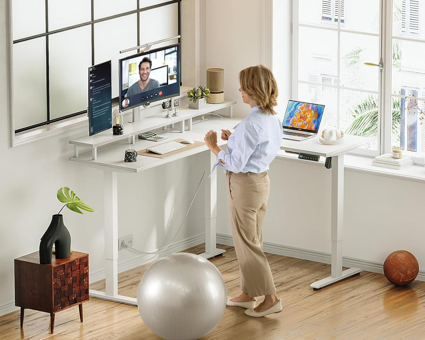 L Shaped Standing Desk 59 Inch Height Adjustable White