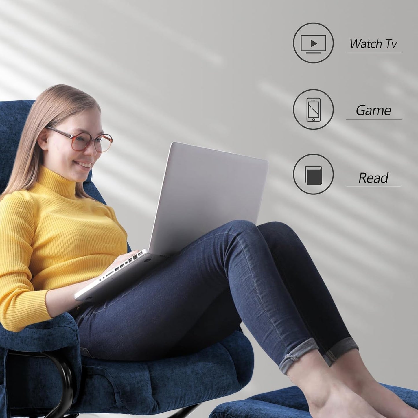 Swivel Recliner With Ottoman And Vibration Massage Blue Textile