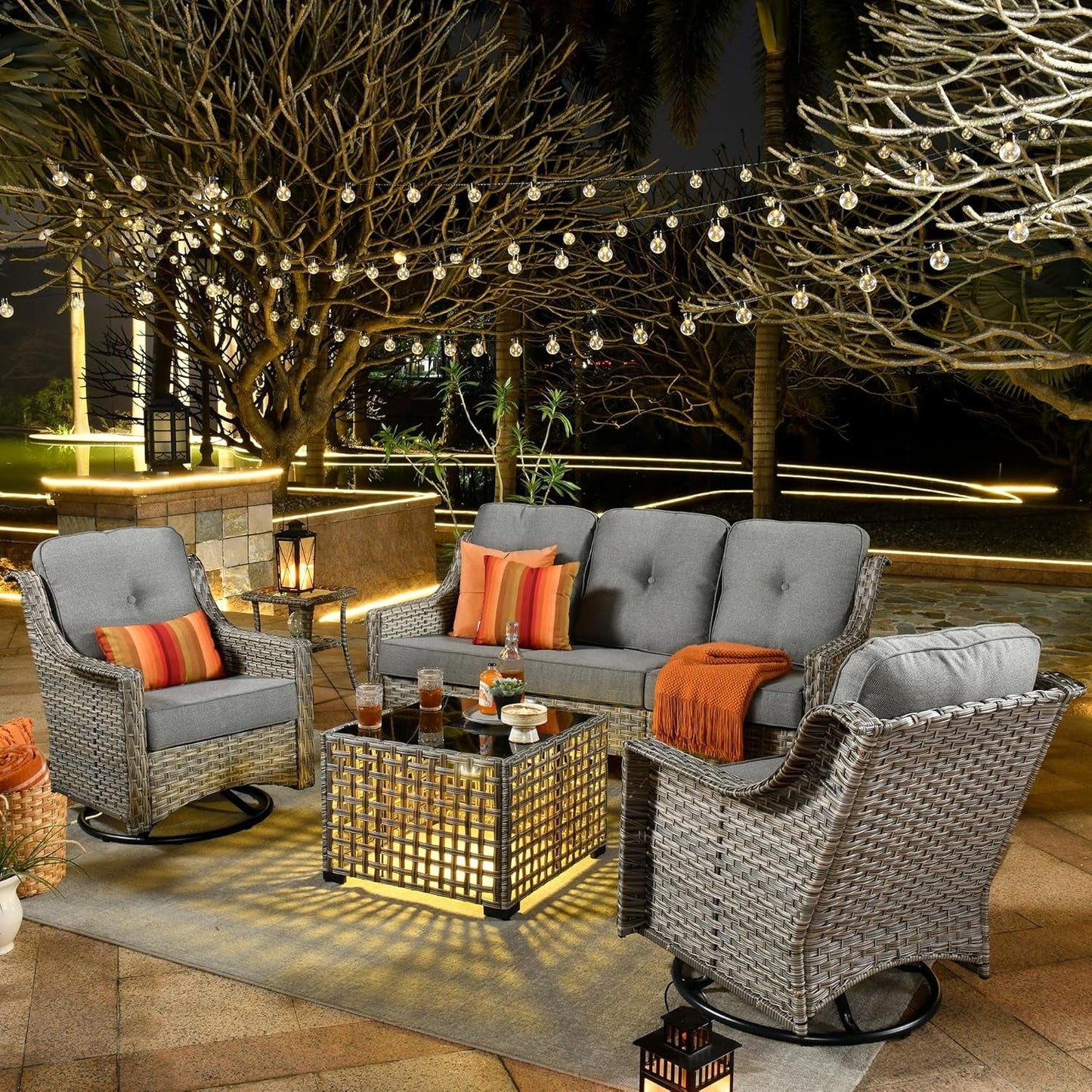 5 Piece Outdoor Patio Set With Swivel Chairs All Weather