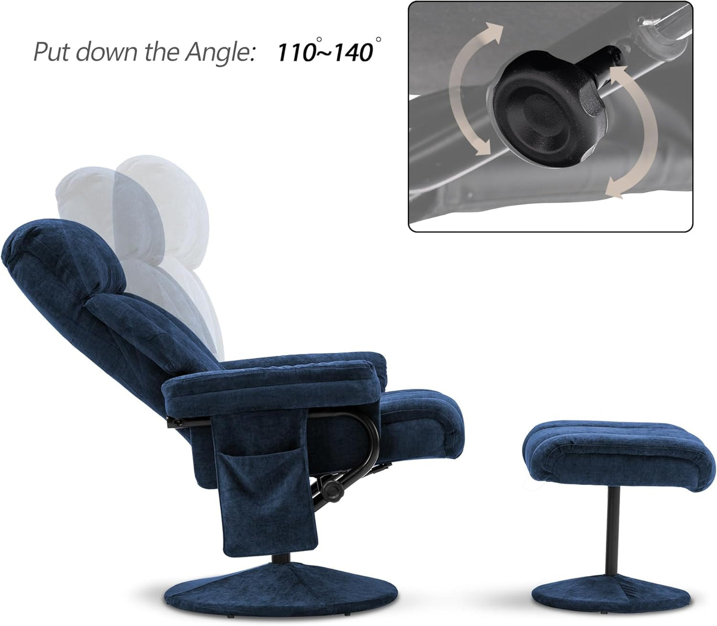 Swivel Recliner With Ottoman And Vibration Massage Blue Textile