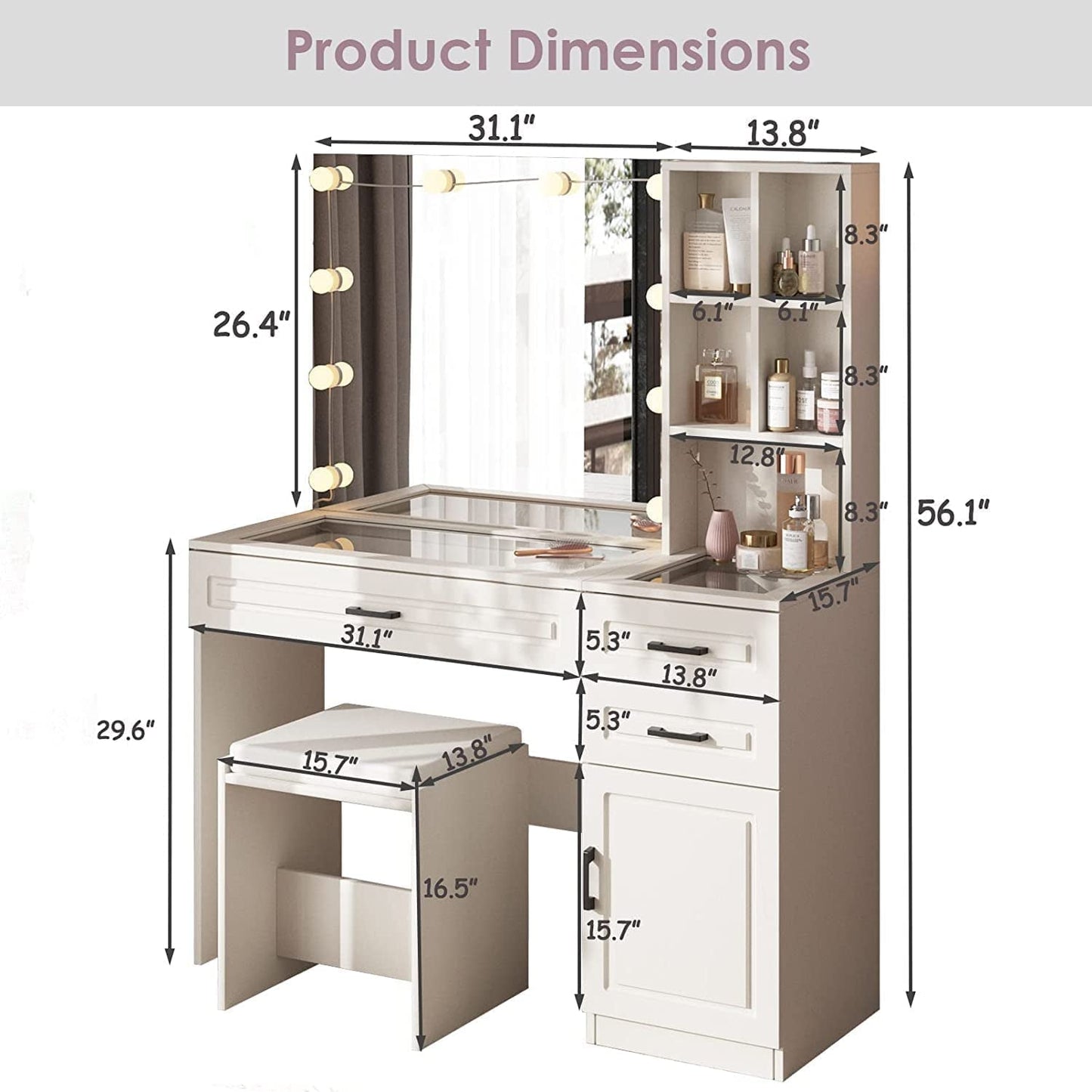 White Luxury Vanity Desk With Lighted Hollywood Mirror
