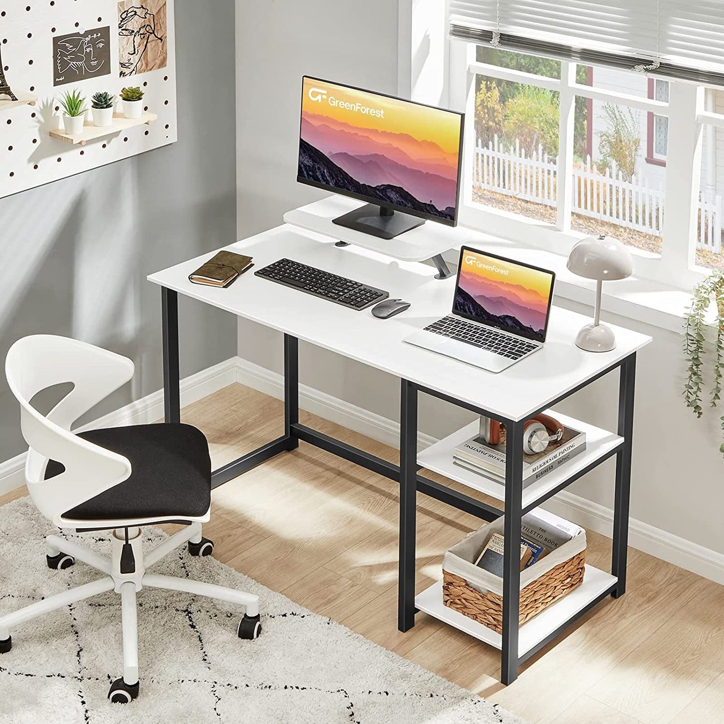 Small White Computer Desk With Monitor Stand And Storage