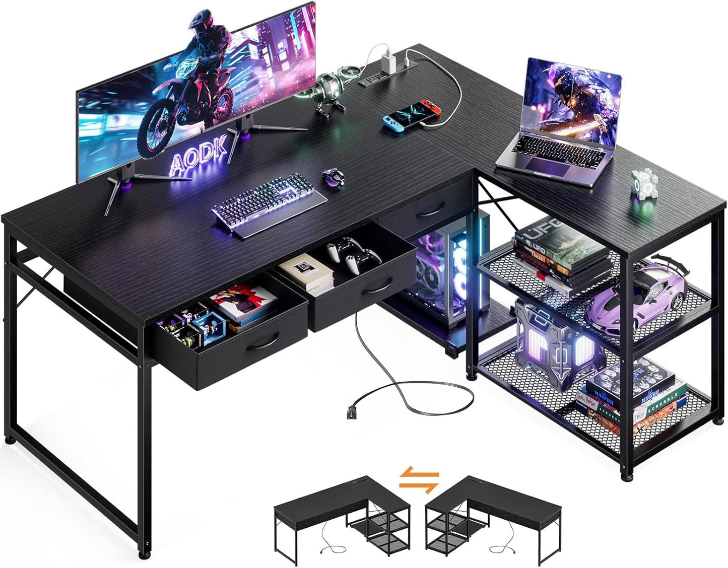 53-Inch L-Shaped Desk With Drawers And Power Outlets