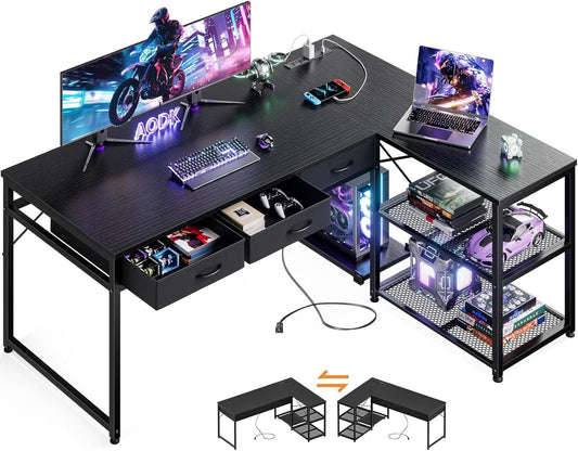 53-Inch L-Shaped Desk With Drawers And Power Outlets