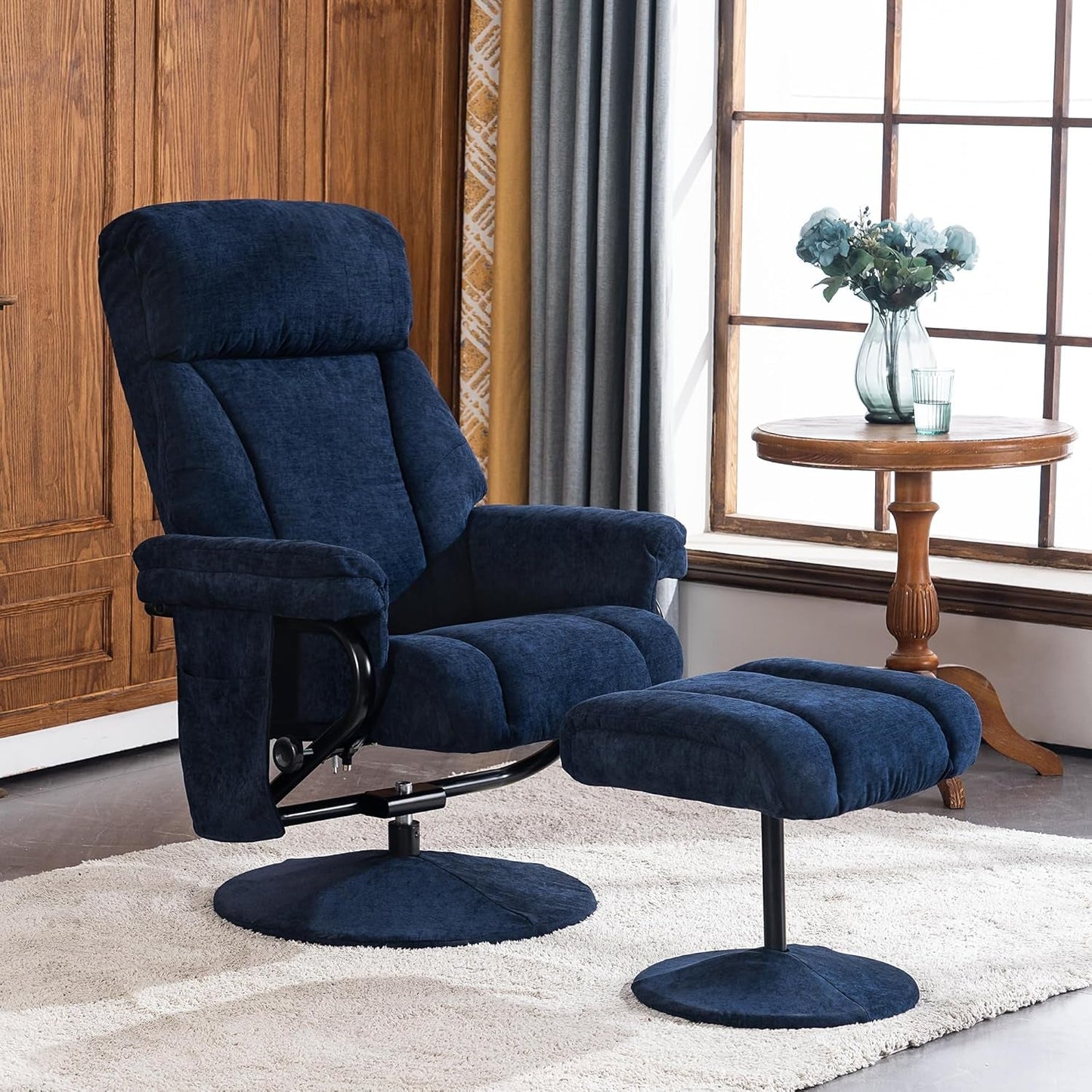 Swivel Recliner With Ottoman And Vibration Massage Blue Textile