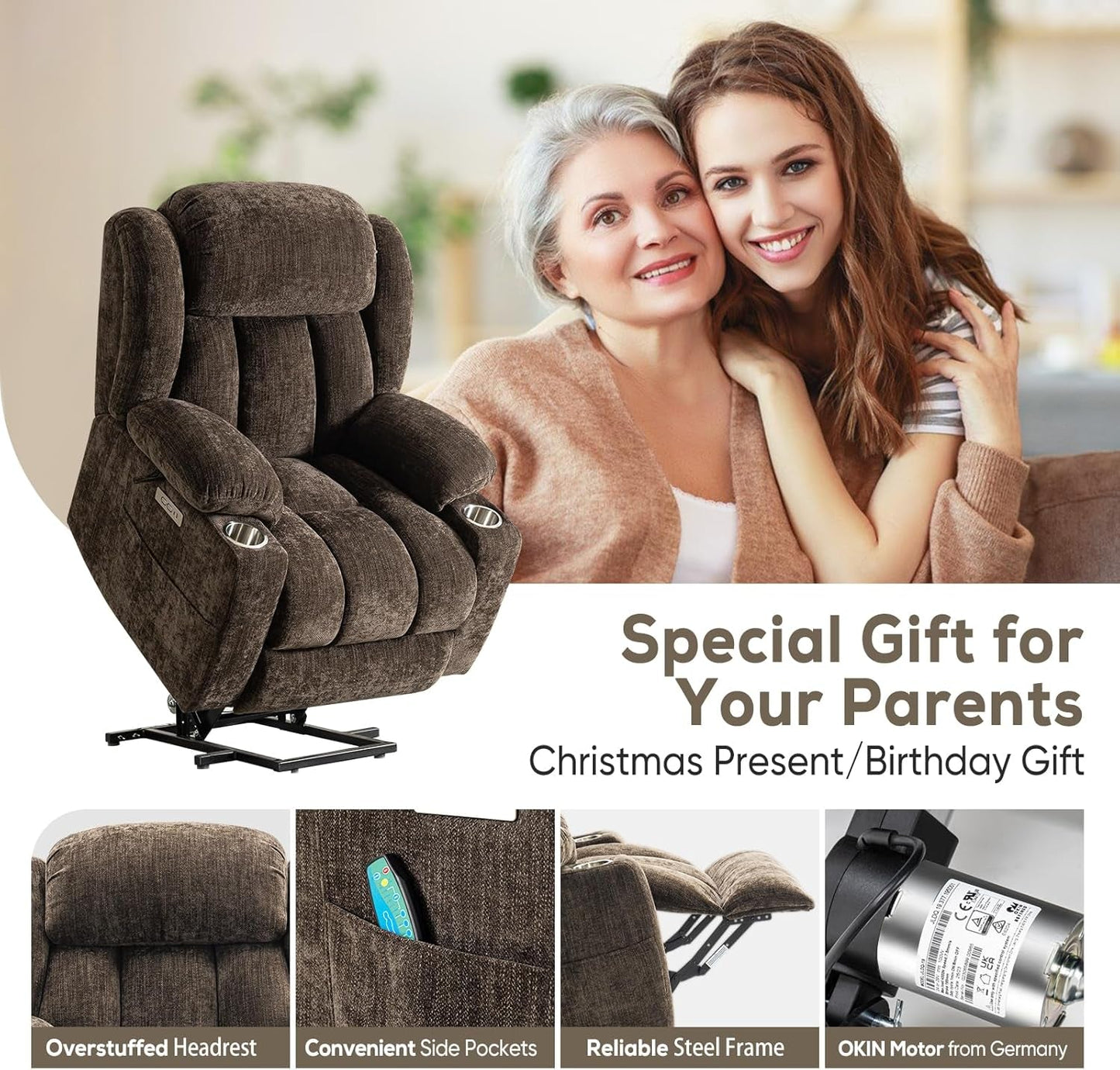 Brown Power Recliner With Massage And Heat Power Lift