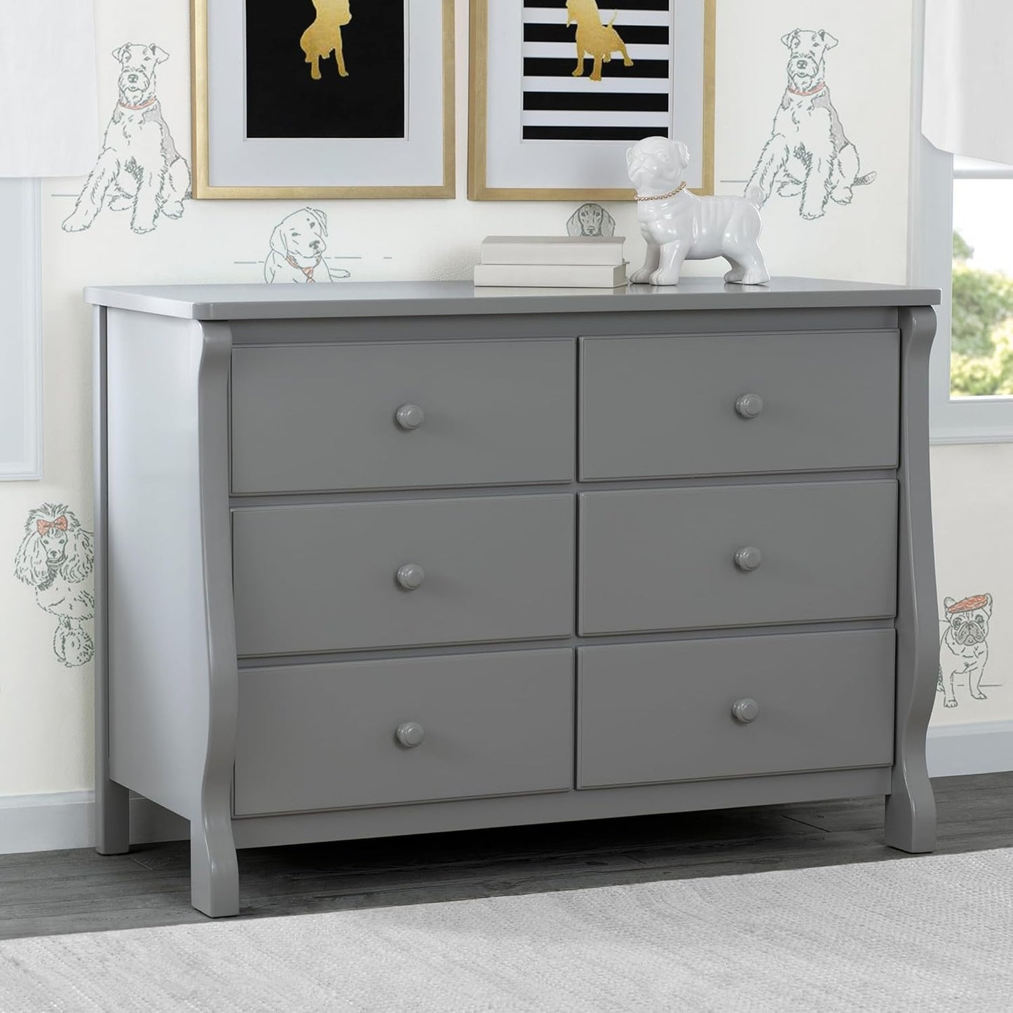Six Drawer Dresser In Grey With Interlocking Drawers