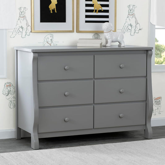 Six Drawer Dresser In Grey With Interlocking Drawers