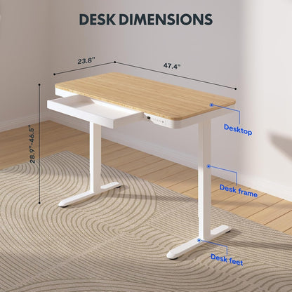 Electric Standing Desk USB Ports And Drawer Bamboo White