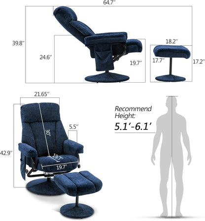 Swivel Recliner With Ottoman And Vibration Massage Blue Textile