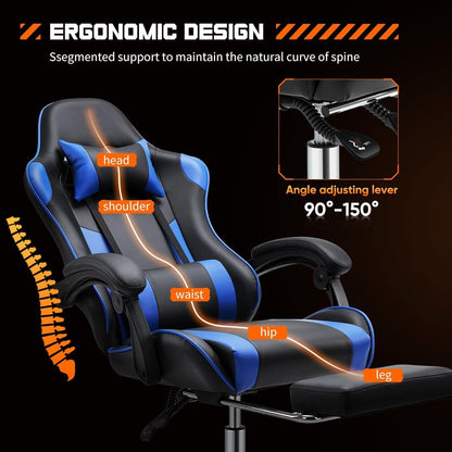 Blue Ergonomic Gaming Desk Chair With Footrest And Lumbar Support