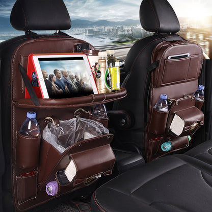 Leather Car Storage Bag Multifunction Seat Back Tray Hanging Bag