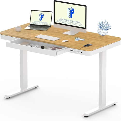 Electric Standing Desk USB Ports And Drawer Bamboo White