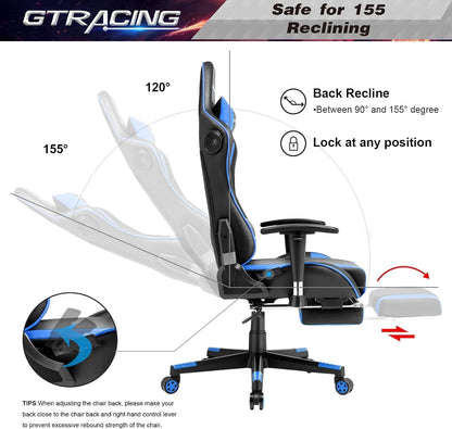 Blue Bluetooth Gaming Chair With Footrest And Speakers