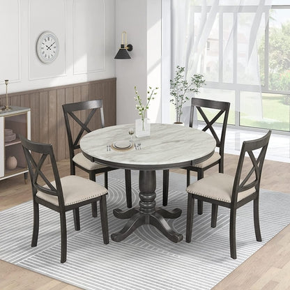 Wood Round Dining Table Set With Cushioned Chairs Pedestal