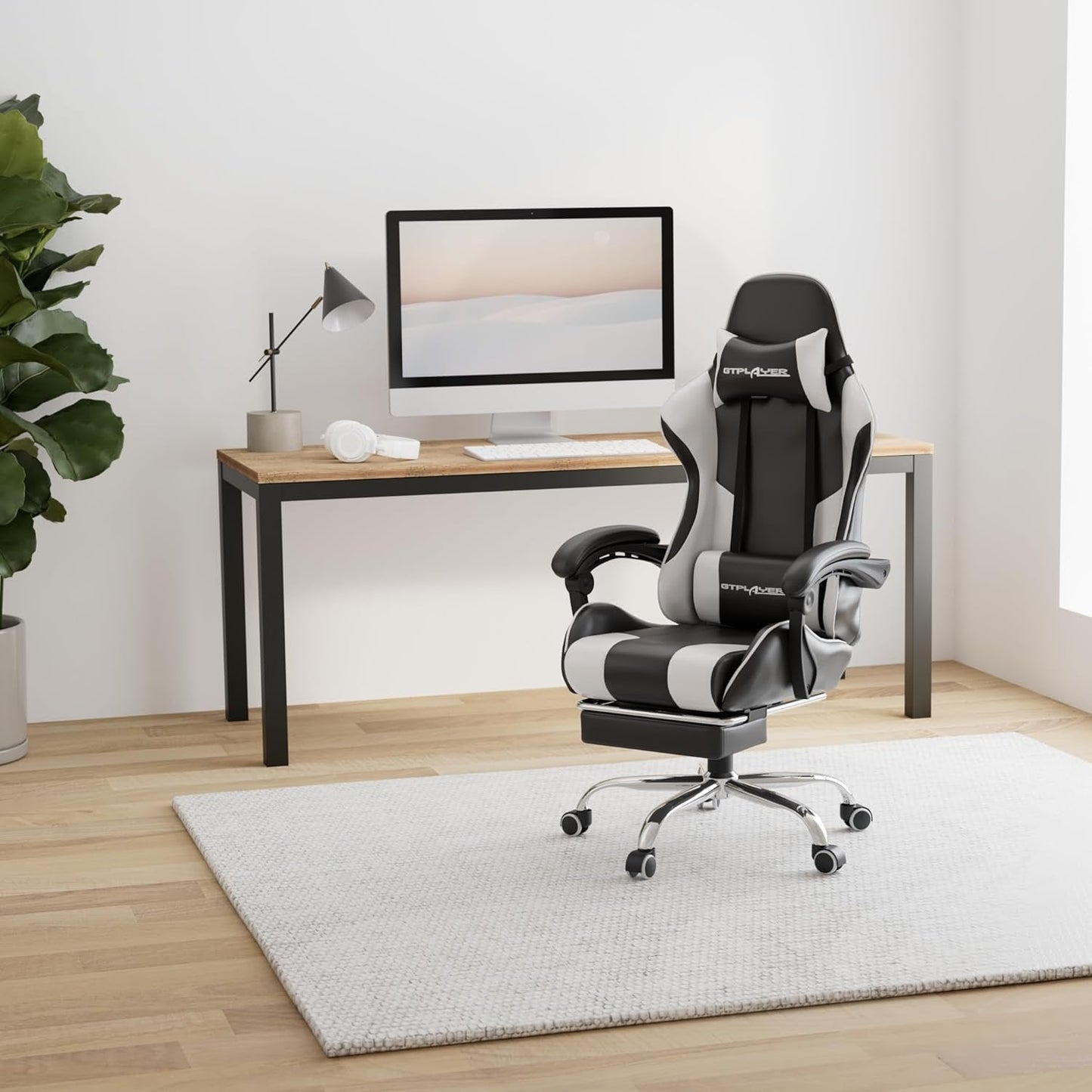 White Gaming Chair With Footrest And Lumbar Support