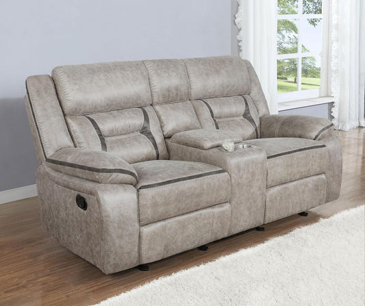 Taupe Recliner Loveseat With Center Console Manual Recline
