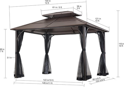 10x12 Brown Hardtop Gazebo With Steel Frame And Netting For Outdoor