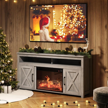 Barn Door Electric Fireplace TV Stand For 65 Inch TVs Gray