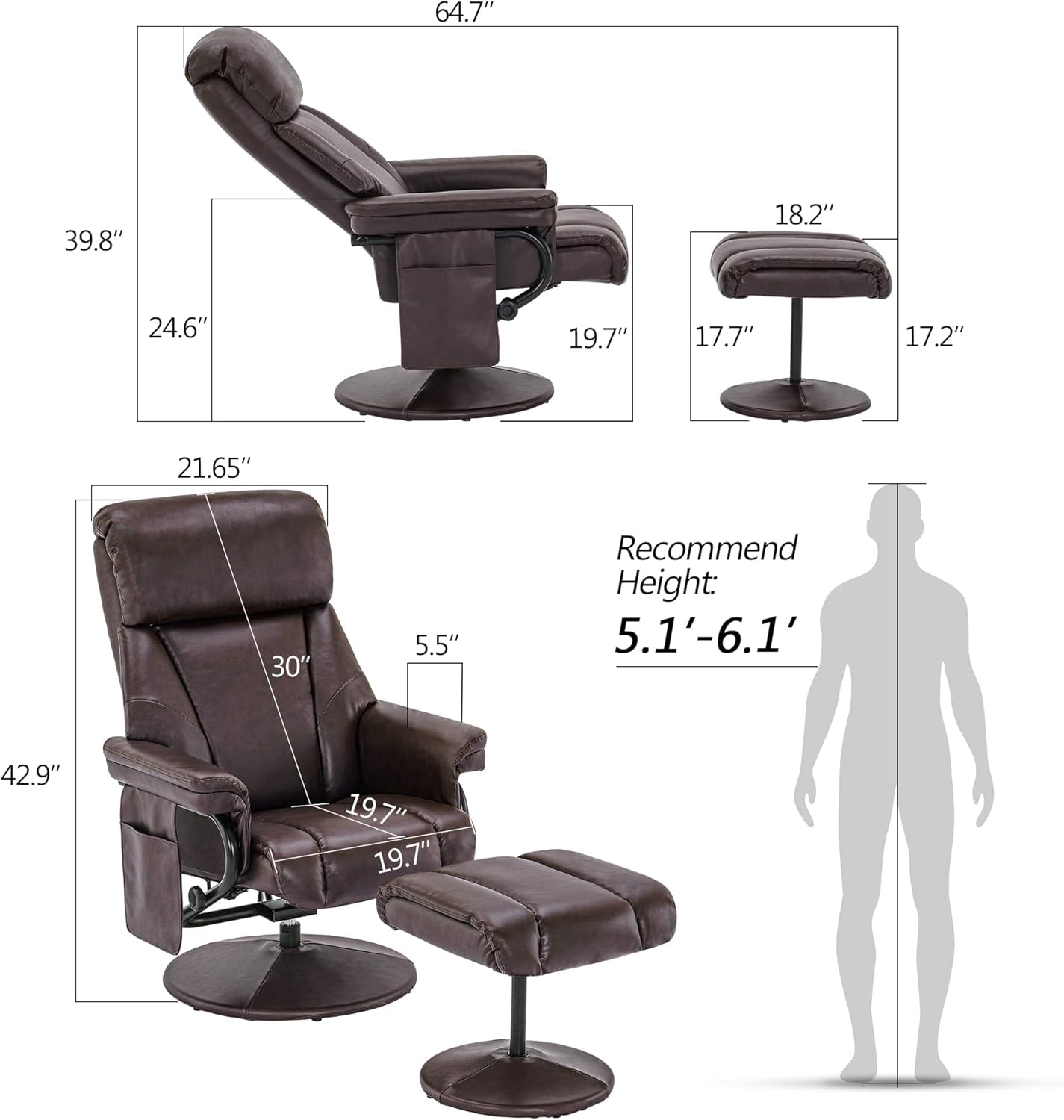 Swivel Recliner With Ottoman Massage Dark Brown Chair