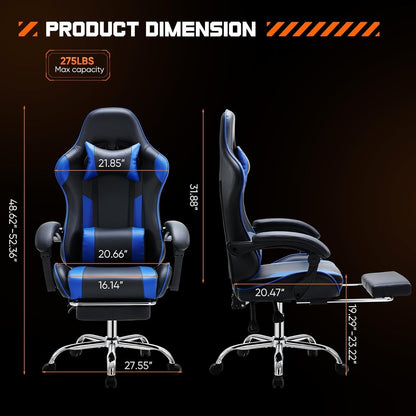 Blue Ergonomic Gaming Desk Chair With Footrest And Lumbar Support