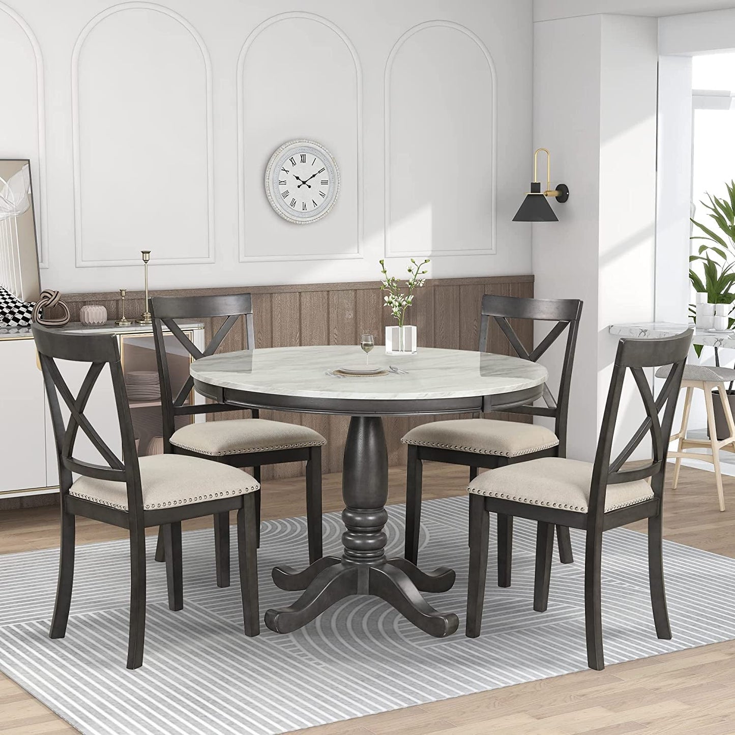 Wood Round Dining Table Set With Cushioned Chairs Pedestal