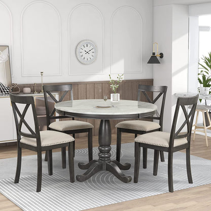 Wood Round Dining Table Set With Cushioned Chairs Pedestal