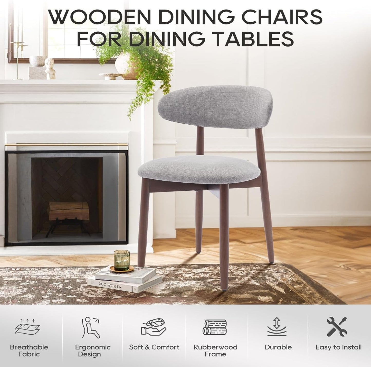 Wooden Dining Chairs Set Of 6 With Light Grey Upholstery