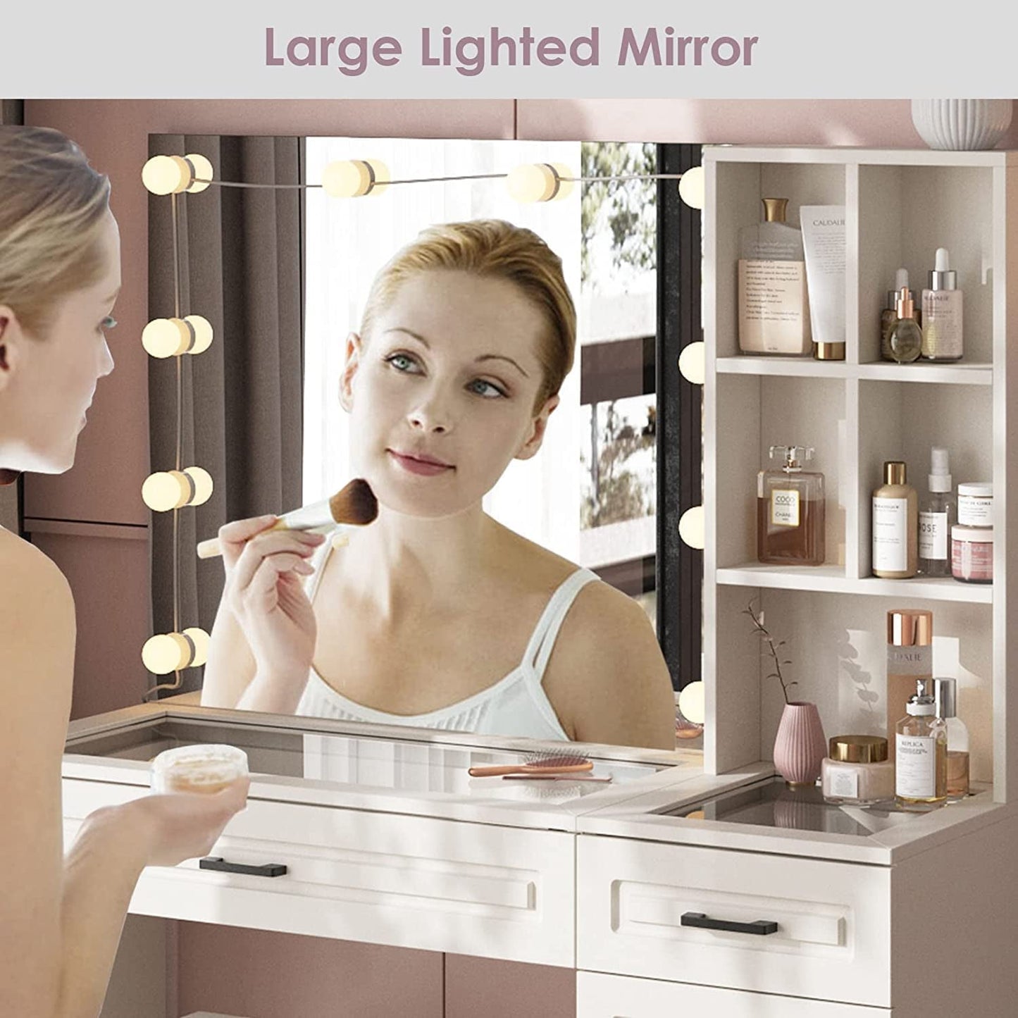 White Luxury Vanity Desk With Lighted Hollywood Mirror