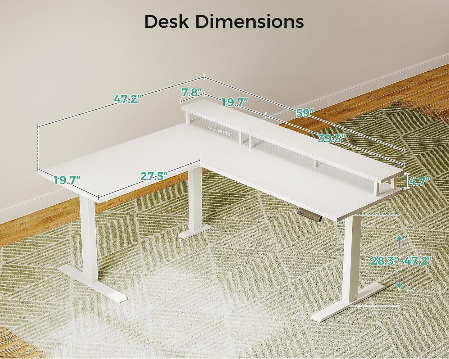 L Shaped Standing Desk 59 Inch Height Adjustable White