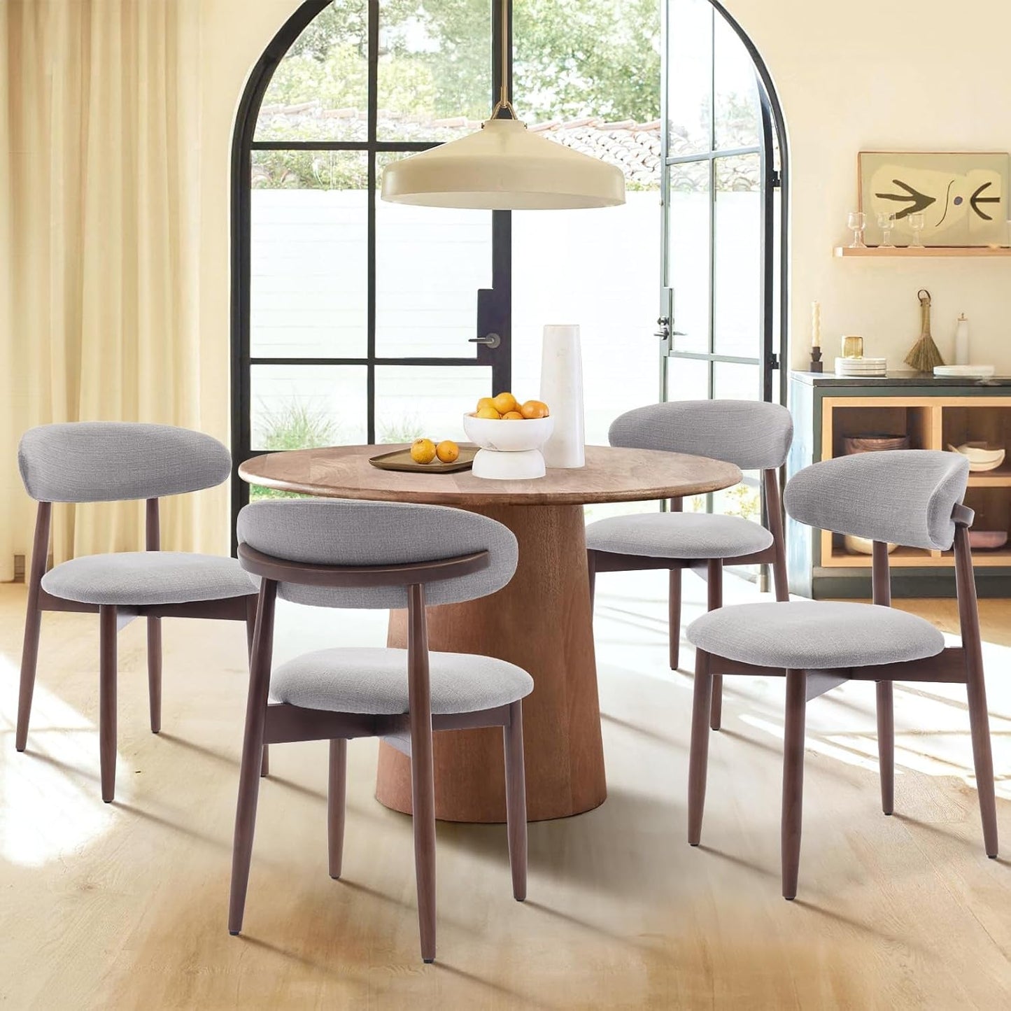 Wooden Dining Chairs Set Of 6 With Light Grey Upholstery