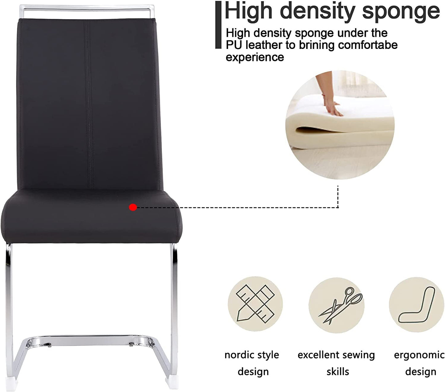 6 Piece Black PU Leather Dining Chairs With Metal Legs