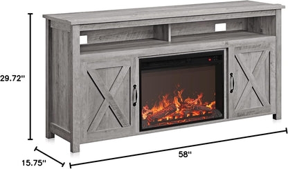 Barn Door Electric Fireplace TV Stand For 65 Inch TVs Gray