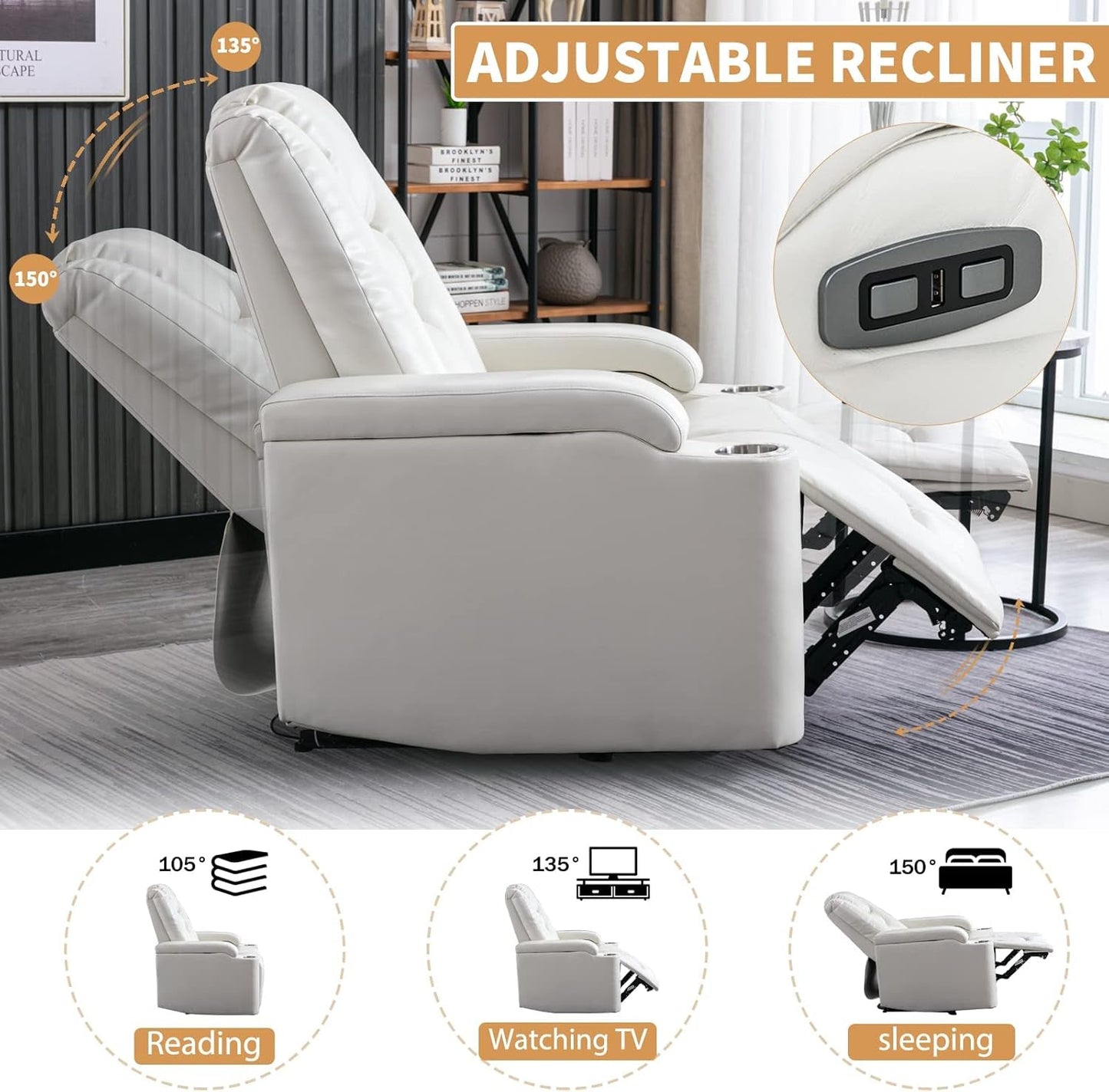 White Power Recliner Chair Set Of 2 With USB Ports