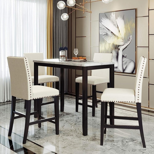 5-Piece Counter Height Dining Table Set Faux Marble Top