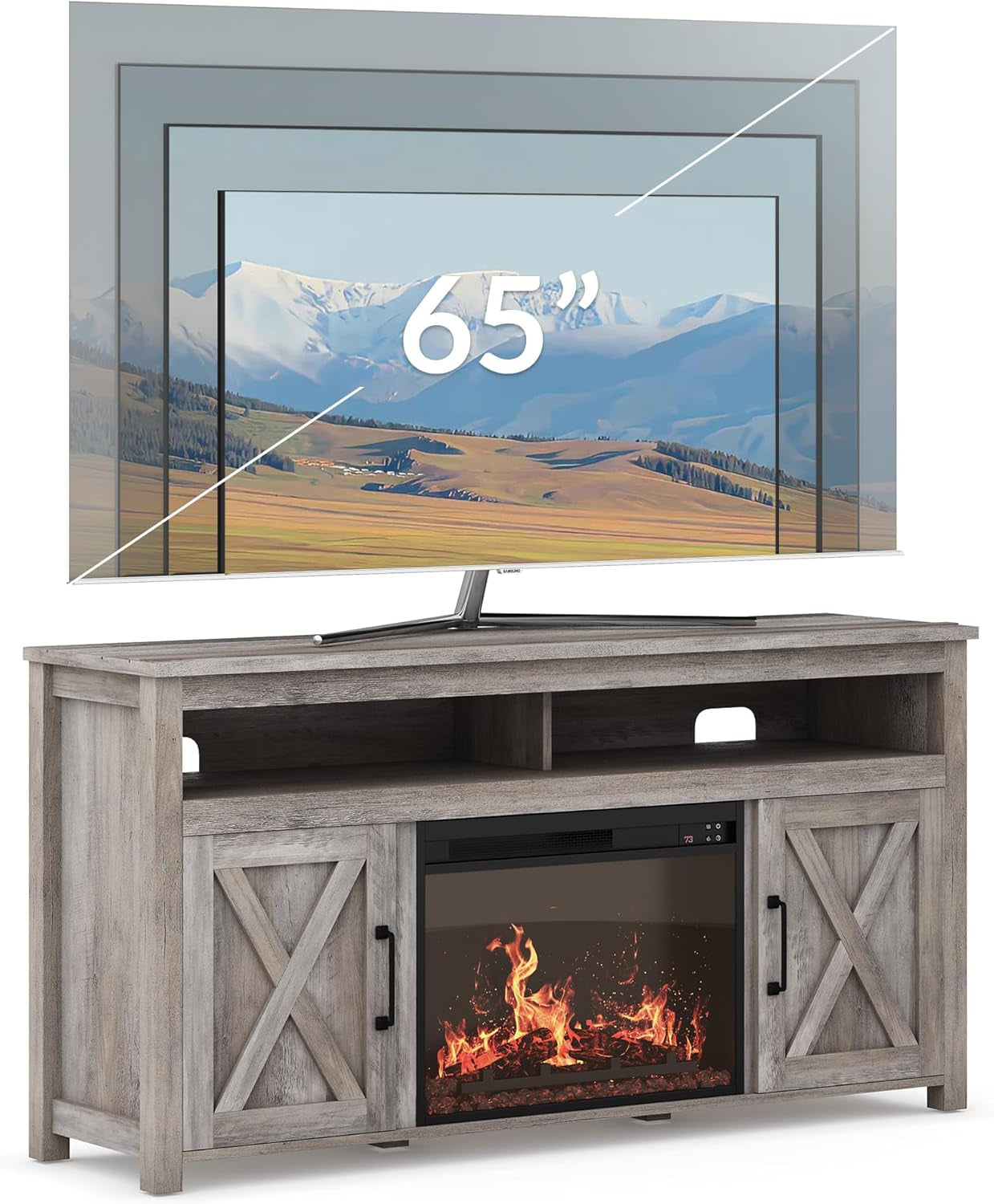 Barn Door Electric Fireplace TV Stand For 65 Inch TVs Gray