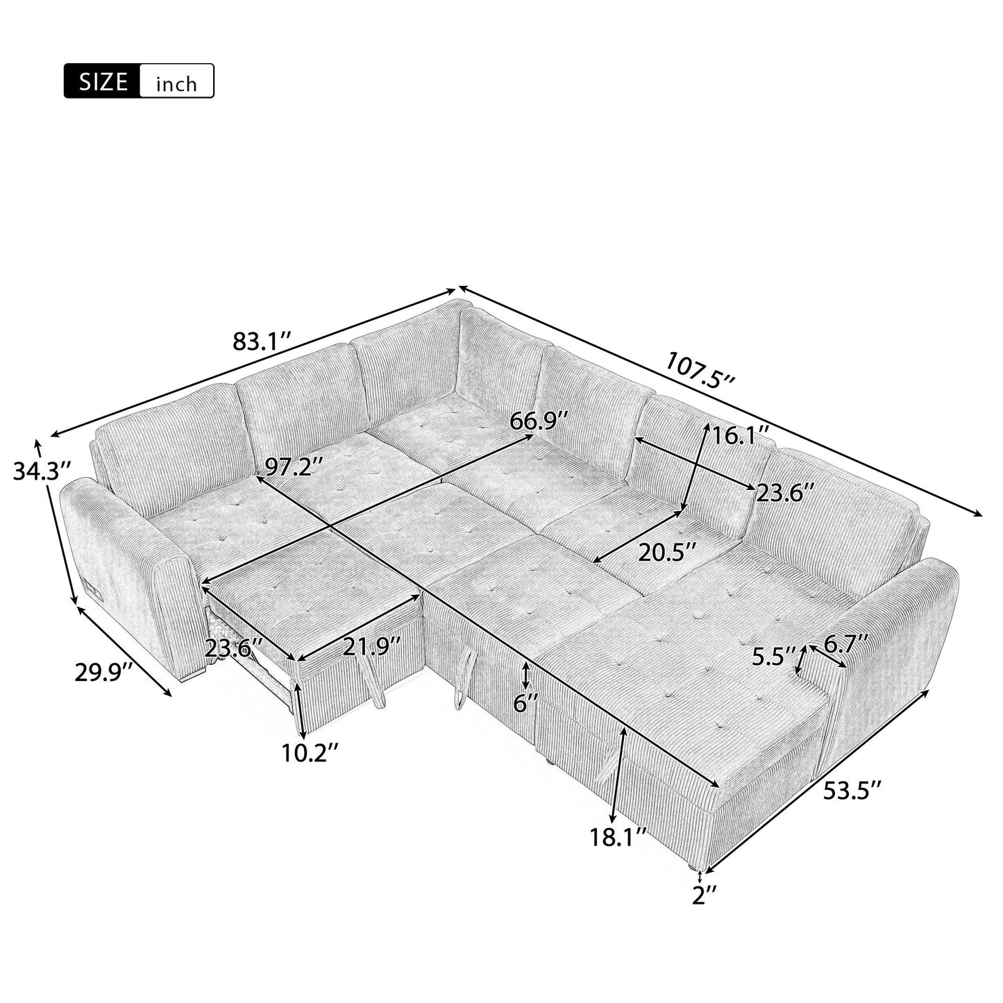 107.5" U-shaped Sofa Sectional Sofa Pull-out Sofa bed with a Storage