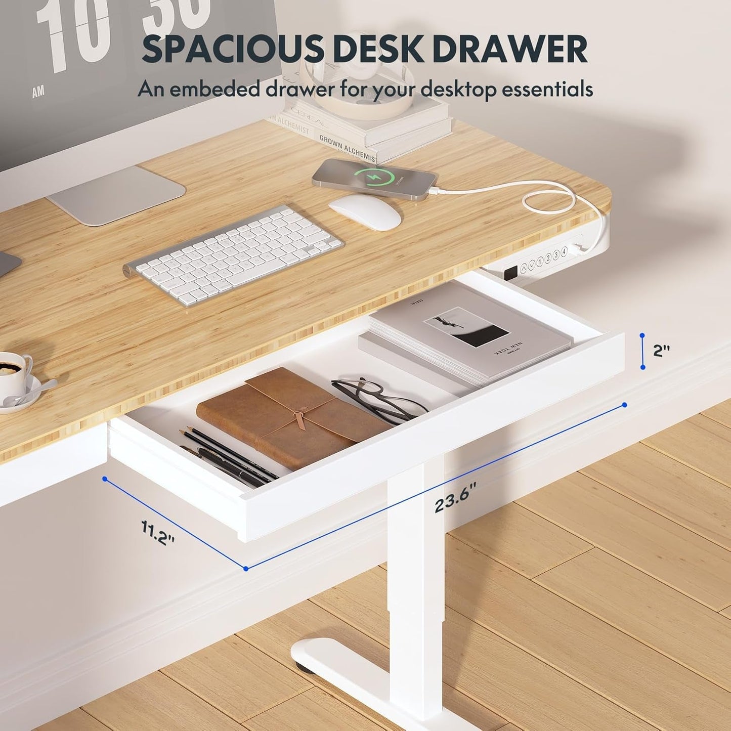 Electric Standing Desk USB Ports And Drawer Bamboo White