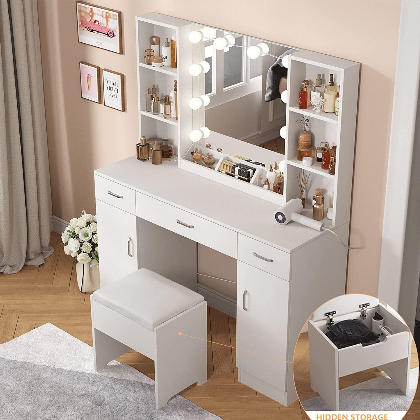 White Vanity Table With Drawers And Cabinets Six Shelves