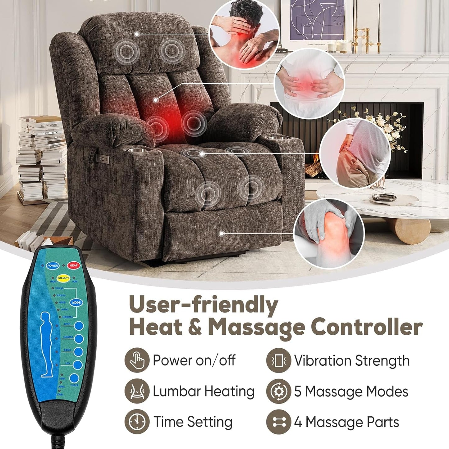 Brown Power Recliner With Massage And Heat Power Lift