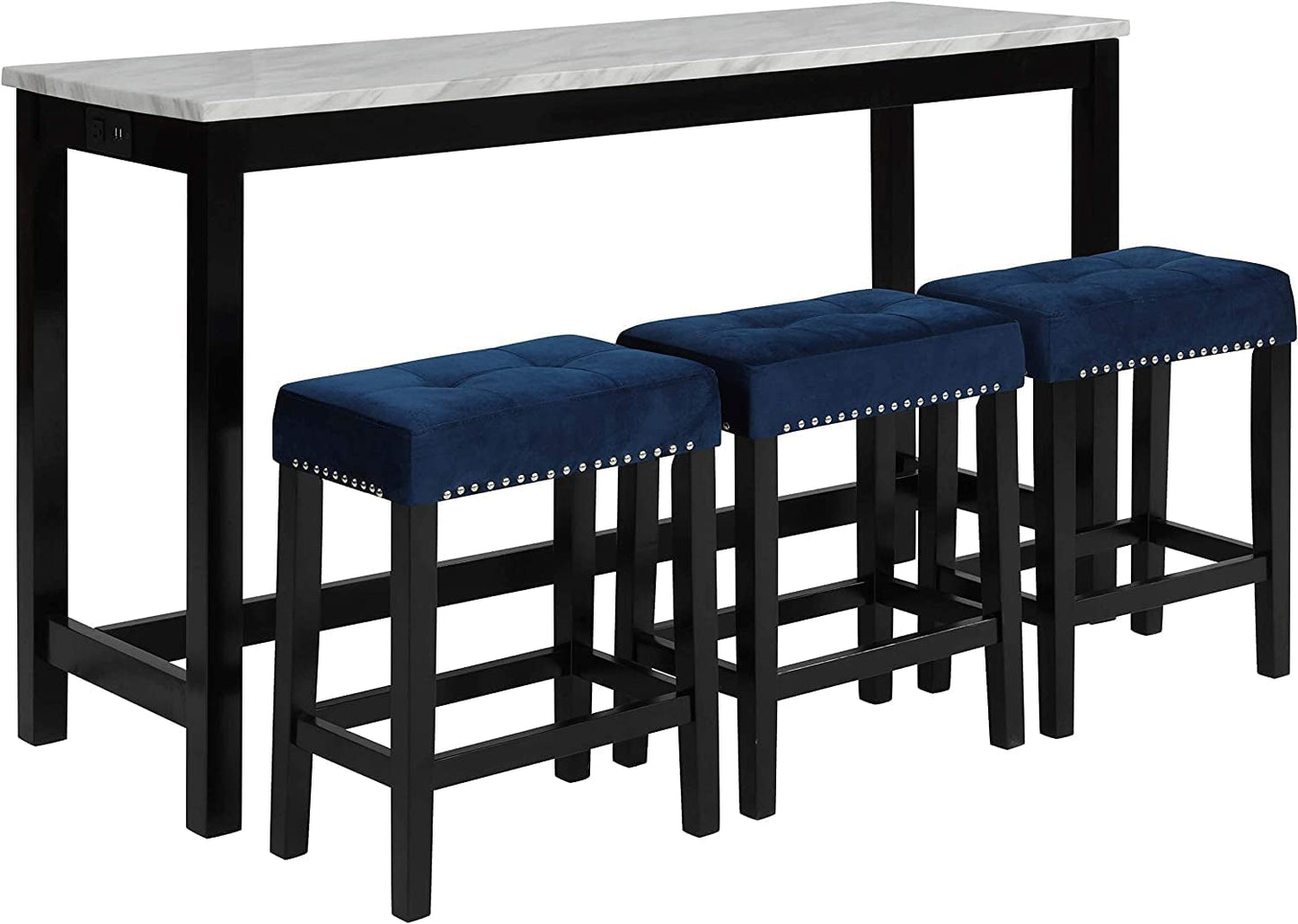 Blue Velvet Bar Table Set With 3 Stools Faux Marble Top