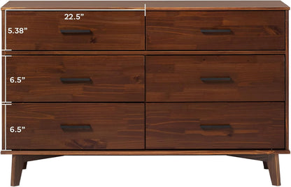 6 Drawer Solid Pine Wood Dresser With Walnut Finish