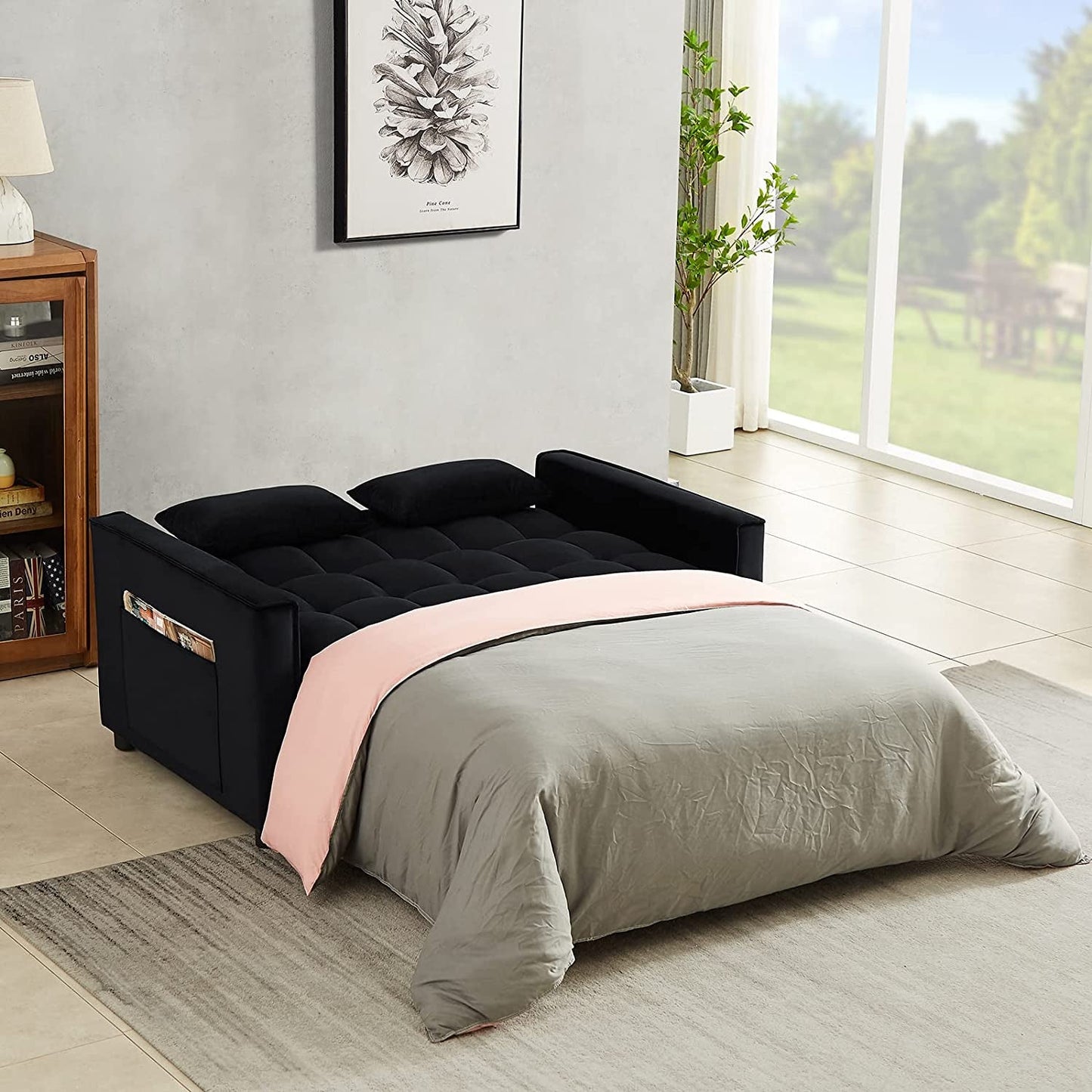 Black Convertible Sofa Bed With Reclining Backrest