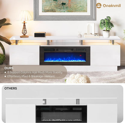 80 Inch White Electric Fireplace TV Stand With LED Lights