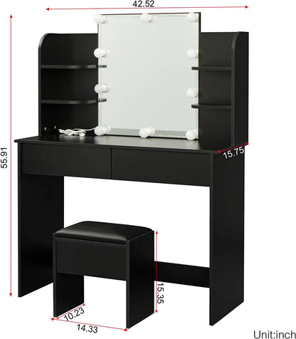 Black Vanity Set With 10 Lights For Bedroom Storage